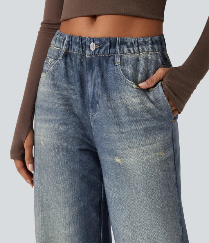 Med medelhög midja denim tryck French terry för vardag mjukisbyxor jeans med fickor