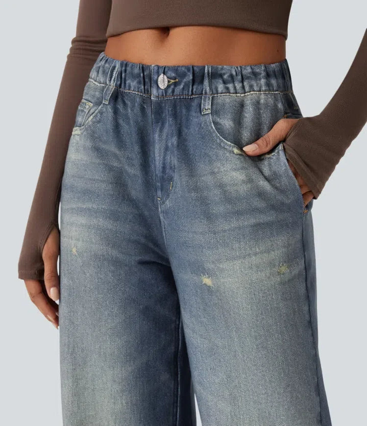 Med medelhög midja denim tryck French terry för vardag mjukisbyxor jeans med fickor