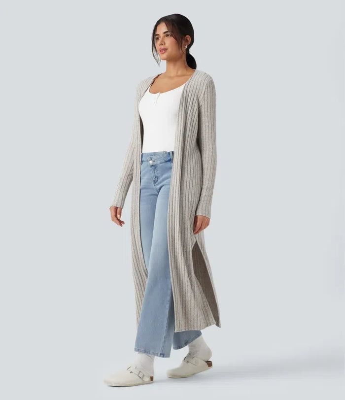 Ribbstickad långärmad slits vardaglig lång modell cardigan