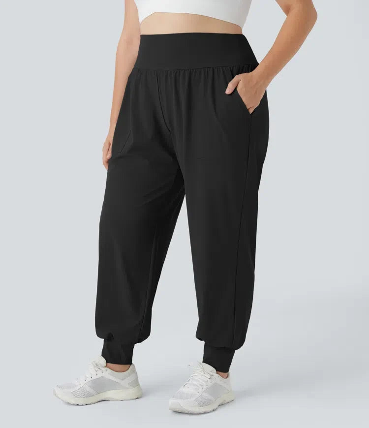 Med hög midja enfärgad ficka yoga plusstorlek joggingbyxor