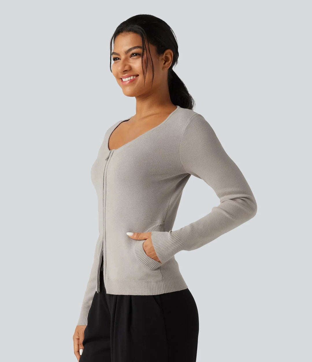 Rund hals långärmad smal lounge cardigan med fickor