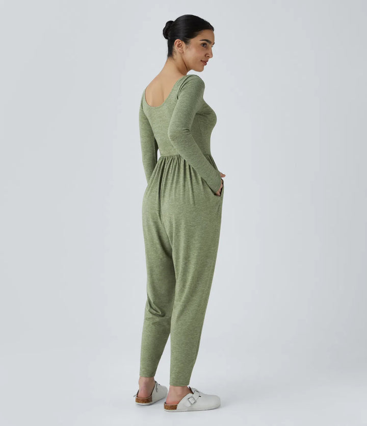 Djup rund halsringning ficka vardaglig harem jumpsuit