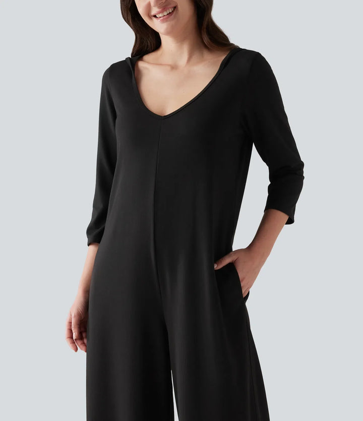 Med huva 3/4 ärm baggy avslappnad vardaglig jumpsuit med fickor