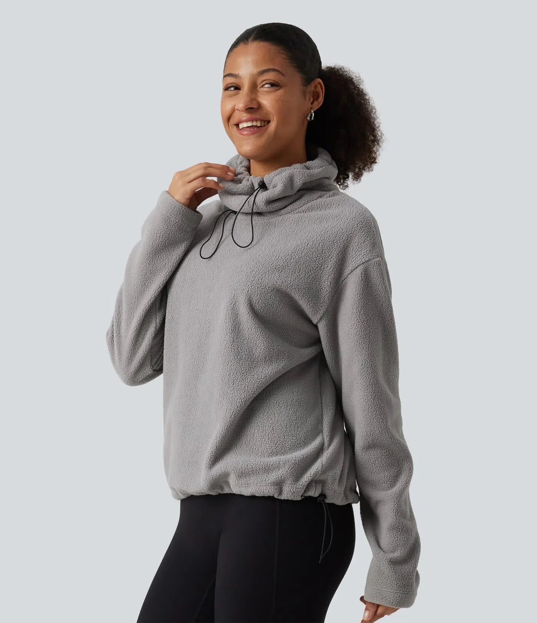Hög hals dragsko långärmad rynksöm i fållen fleece vardaglig sweatshirt