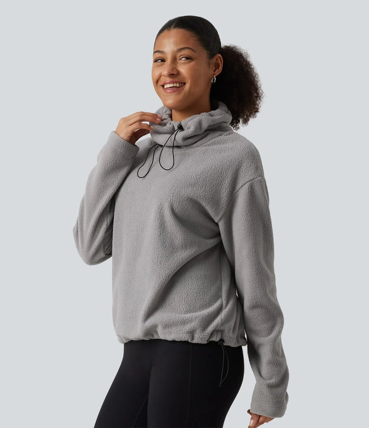 Hög hals dragsko långärmad rynksöm i fållen fleece vardaglig sweatshirt