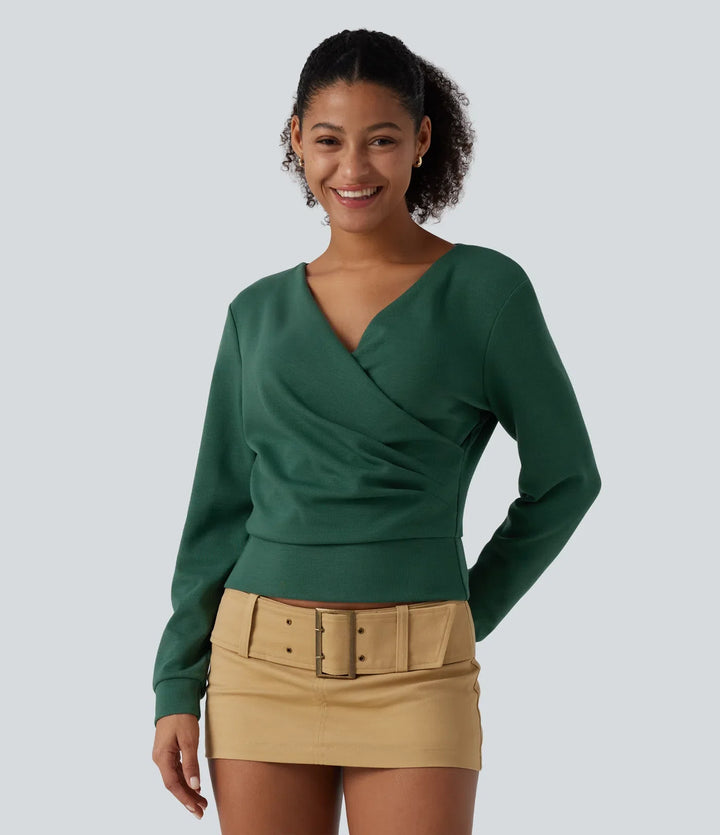 V-ringad långärmad crossover rynkat yoga sweatshirt