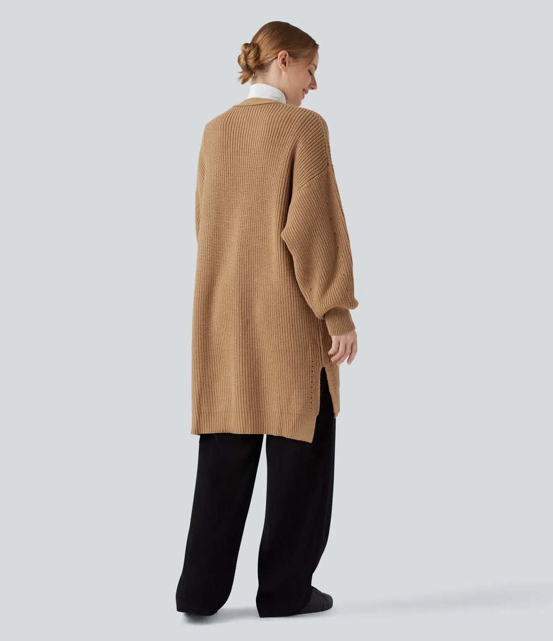 Lång bishopärm slits fåll hålmönstrad vardaglig lång modell cardigan