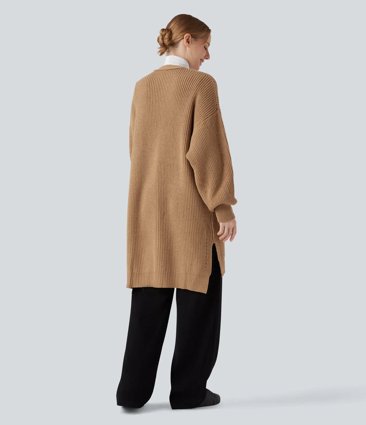 Lång bishopärm slits fåll hålmönstrad vardaglig lång modell cardigan