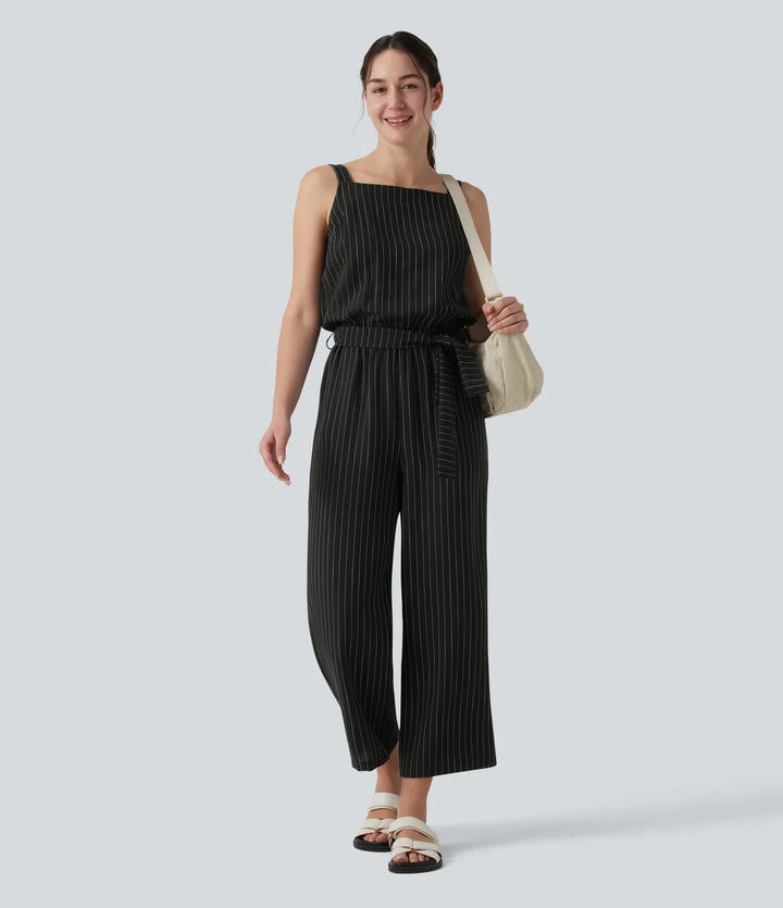 Fyrkantig halsringning justerbara axelband ärmlös bältad ränder vardaglig linnekänsla jumpsuit med fickor-Easy Peezy