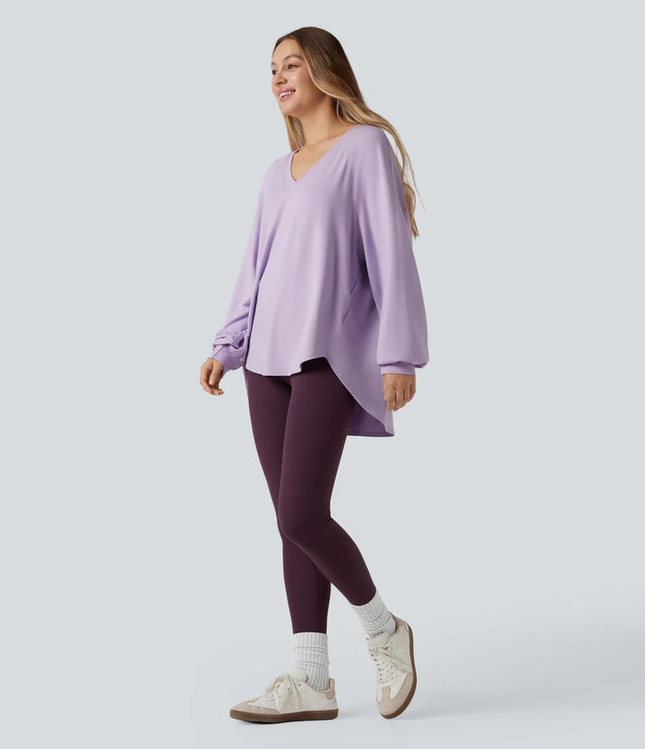 V-ringad långärmad hög-låg vardaglig sweatshirt
