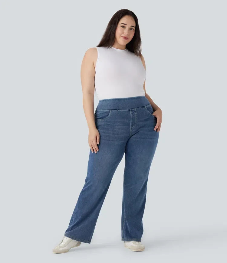 Halara Flex med hög midja och fickor tvättad för vardag bootcut jeans i plusstorlek