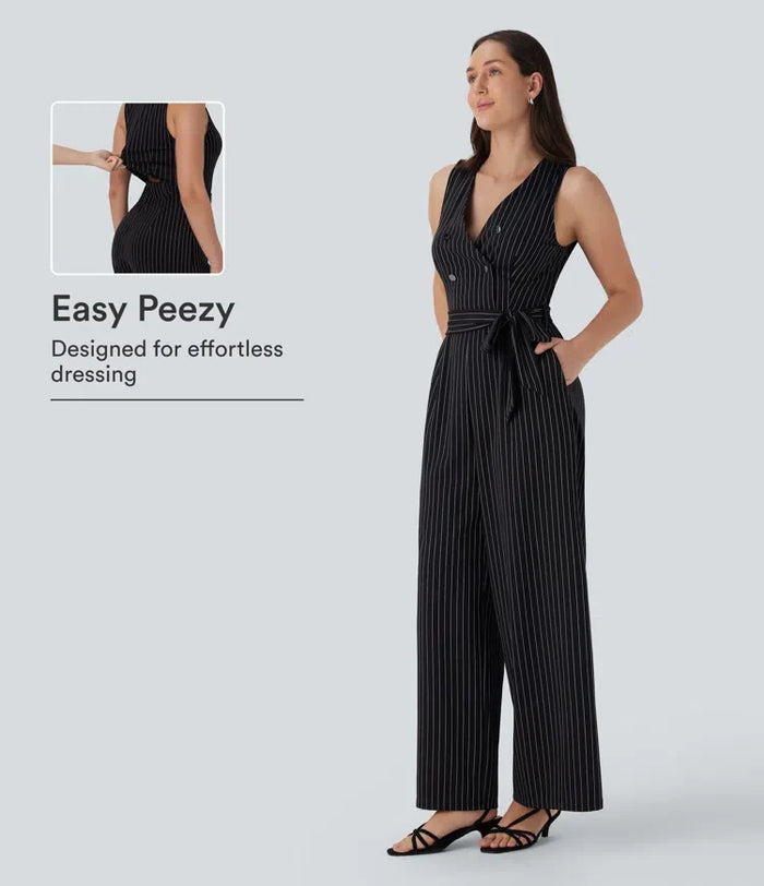 V-ringad ärmlös bältad randig InstantCool arbetsjumpsuit med fickor-Easy Peezy