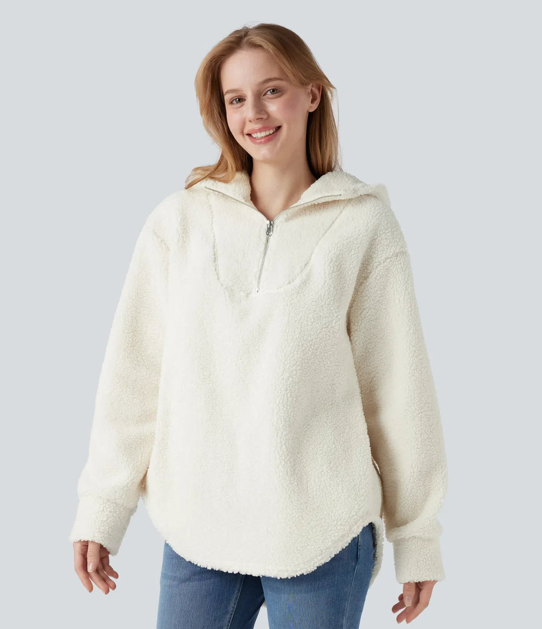 Med huva halv dragkedja rundad fåll oversized vardaglig sherpa sweatshirt med fickor