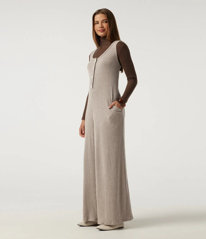 Ribbstickad U-ringad vida ben vardaglig jumpsuit med fickor