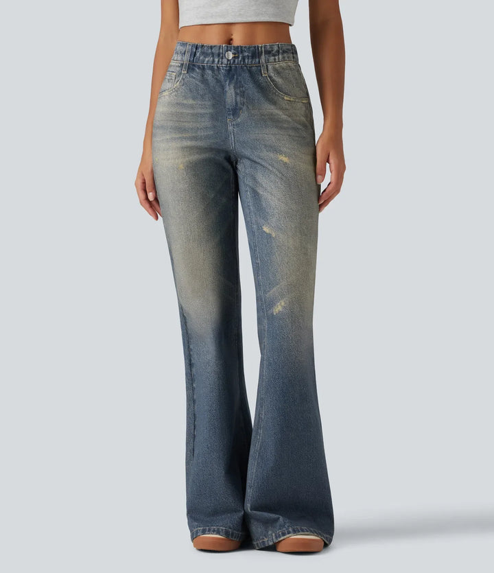 Medelhög midja denim mönster vardaglig utsvängd jeans med fickor