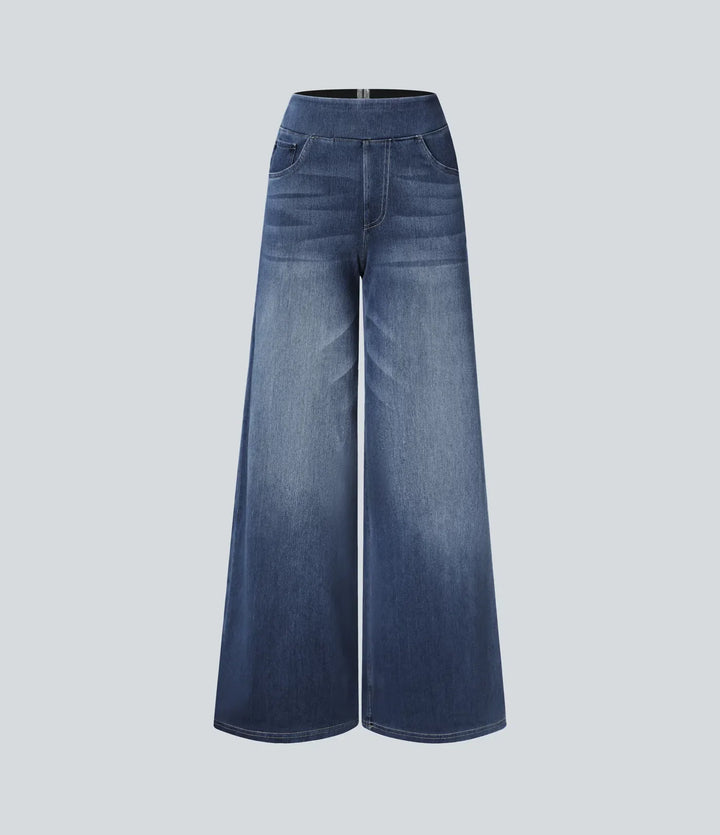 Lyckera Flex högmidjad fickor baggy vida ben tvättad vardagsjeans
