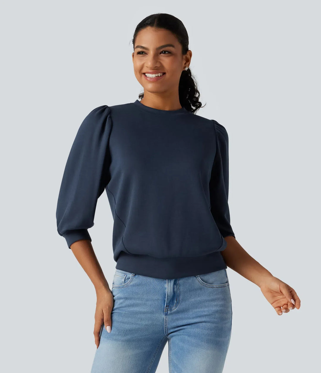 Rund hals puff 3/4 ärm vardaglig sweatshirt