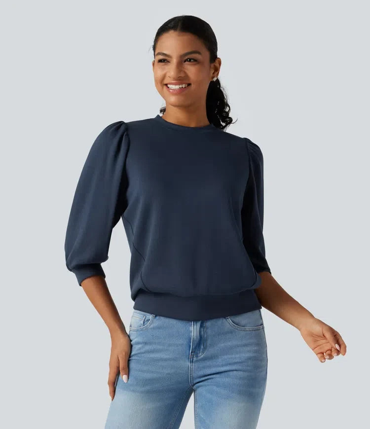 Rund hals puff 3/4 ärm vardaglig sweatshirt