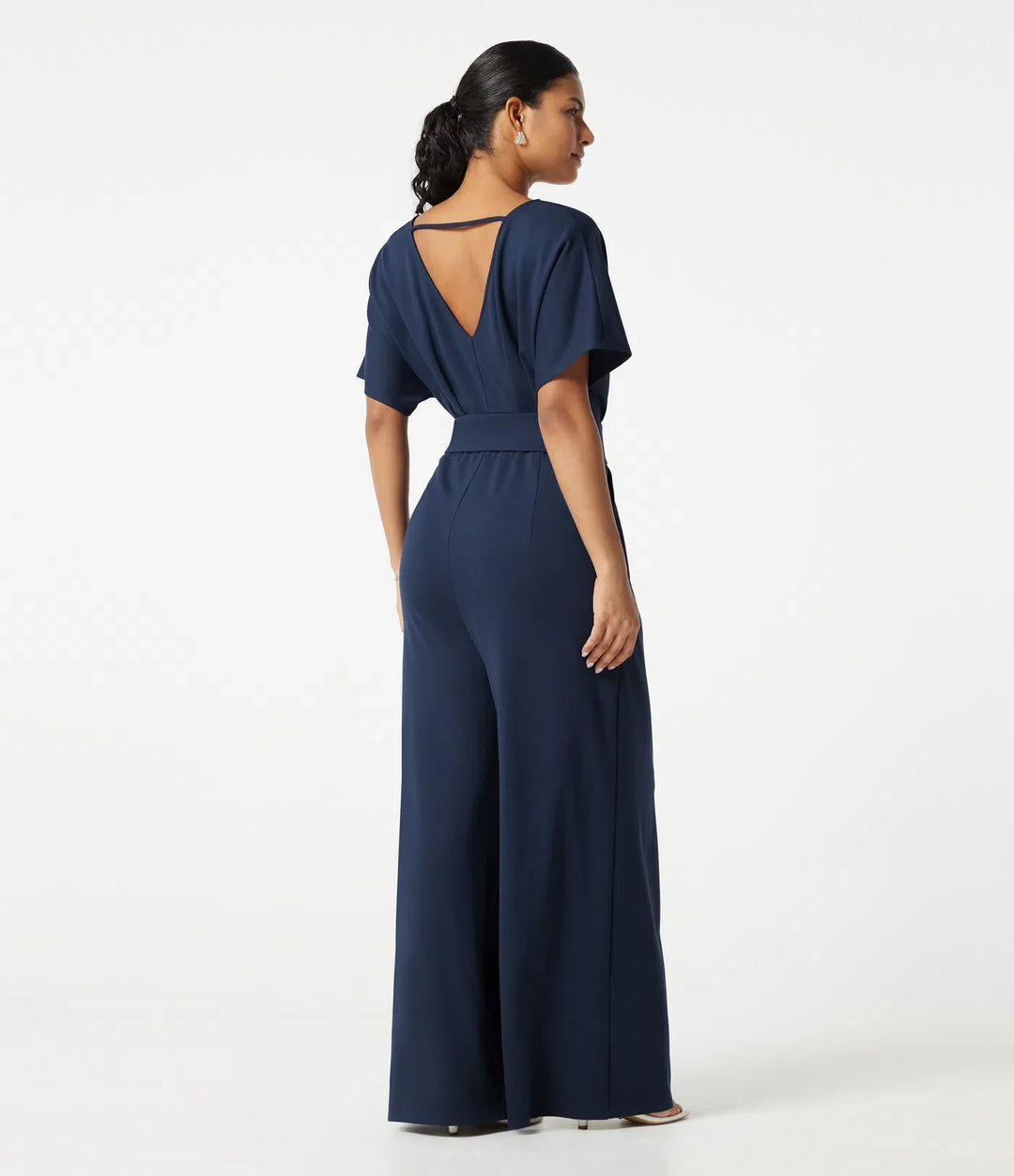 V-ringad kortärmad rynkat vida ben vardaglig jumpsuit med fickor -Easy Peezy Edition