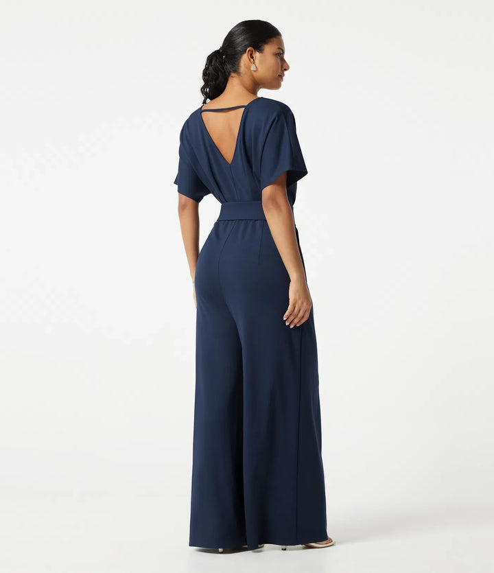 V-ringad kortärmad rynkat vida ben vardaglig jumpsuit med fickor -Easy Peezy Edition