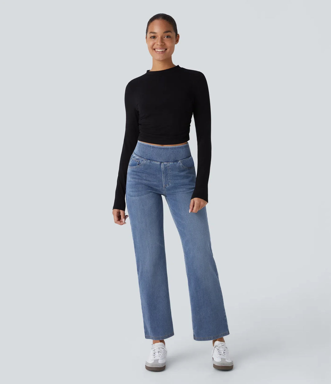 Lyckera Flex högmidjad fickor raka ben tvättad vardagsjeans