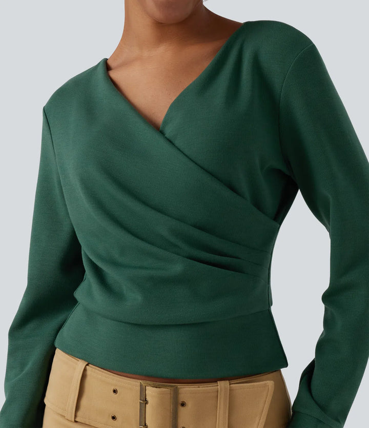 V-ringad långärmad crossover rynkat yoga sweatshirt