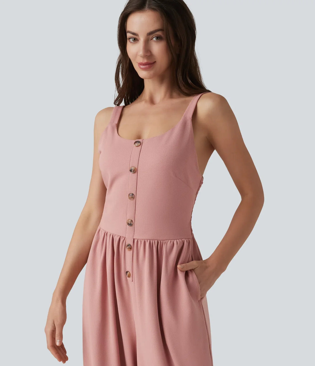 U-ringad ärmlös smockad dekorativ knappar våffelstruktur vardaglig vida ben jumpsuit med fickor-Easy Peezy