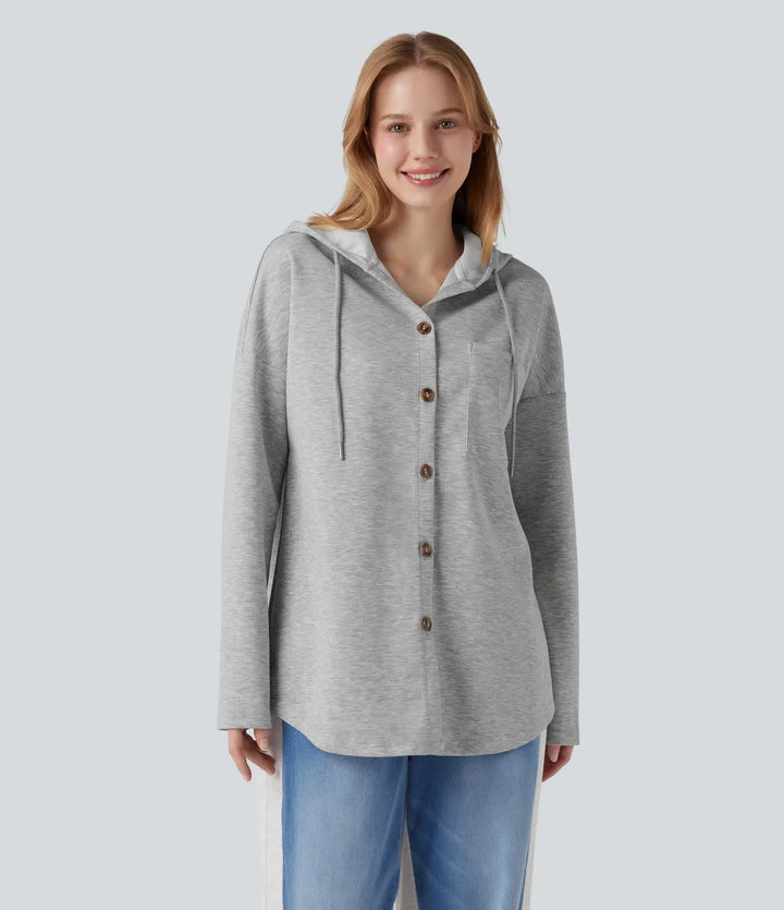 Med huva dragsko långärmad rundad fåll vardaglig sweatshirt med ficka