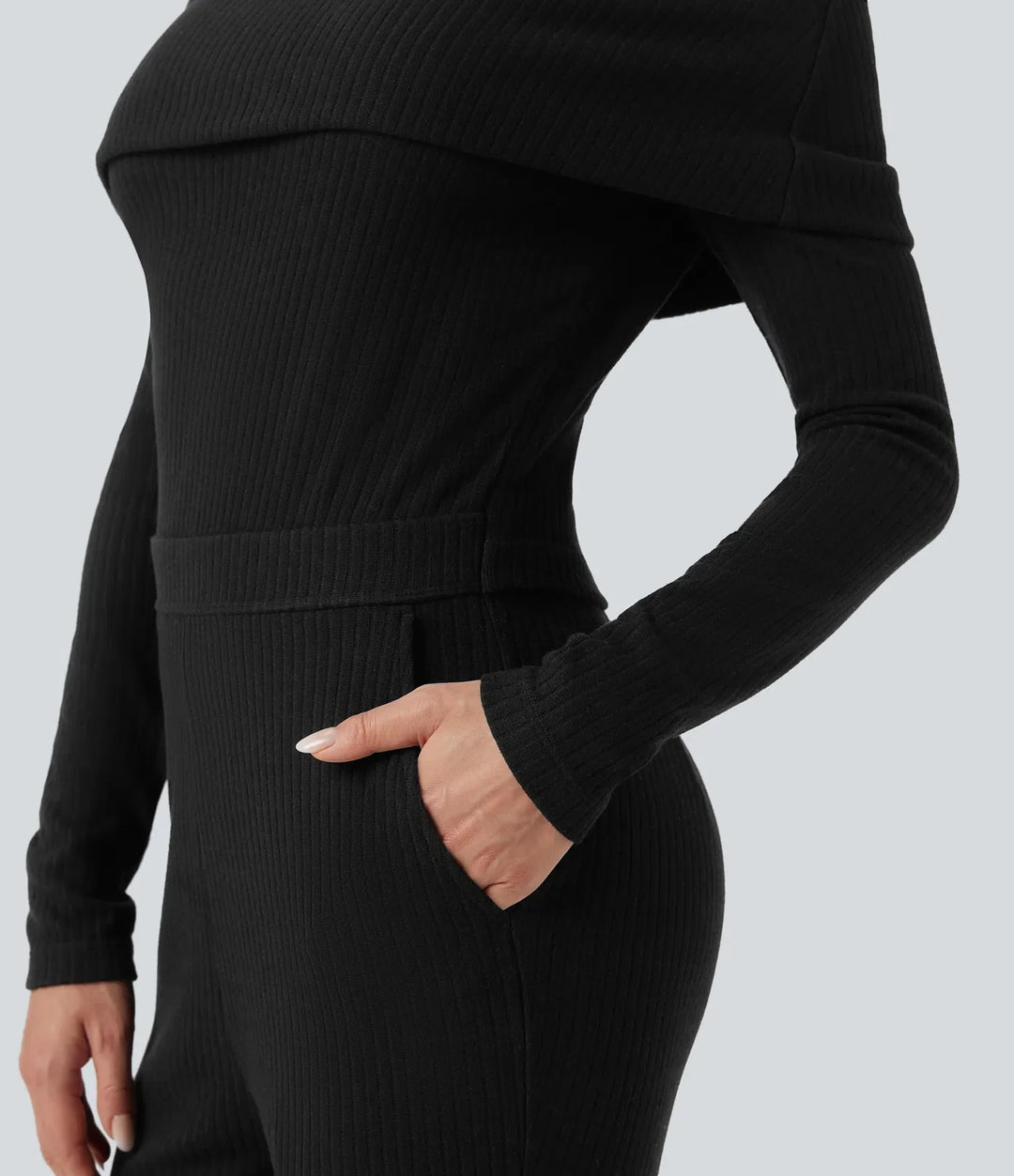 Ribbstickad vikbar bara axlar långärmad bootcut vardaglig jumpsuit med fickor-Easy Peezy Edition