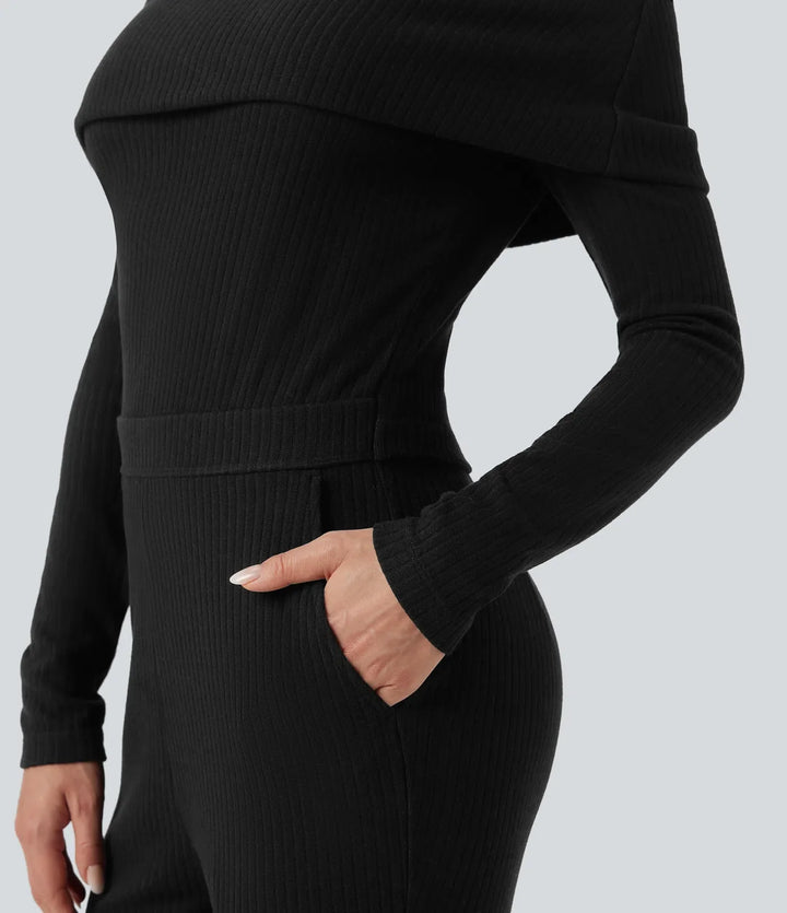 Ribbstickad vikbar bara axlar långärmad bootcut vardaglig jumpsuit med fickor-Easy Peezy Edition