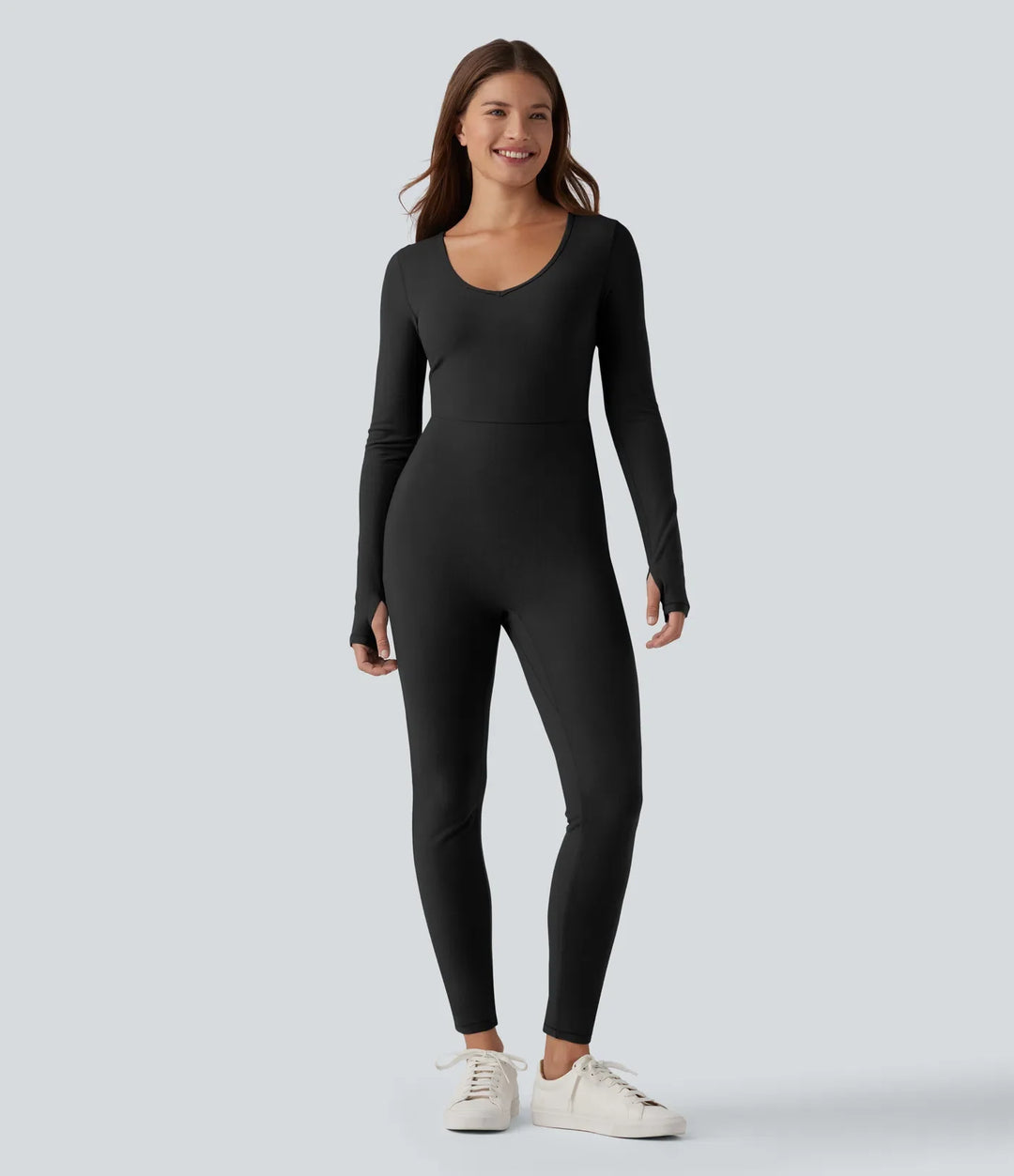 Lyckera HeatCore V-ringad långärmad tumhål skinny vardaglig värmande jumpsuit-Easy Peezy