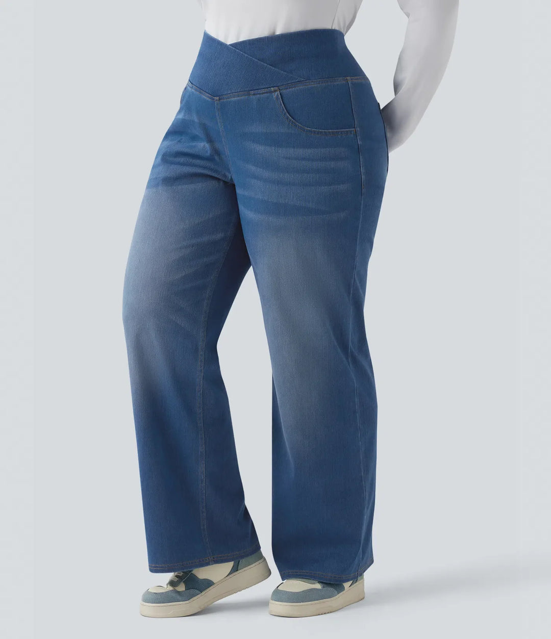 Lyckera Flex crossover högmidjad magkontroll vardaglig raka ben plusstorlek jeans med fickor