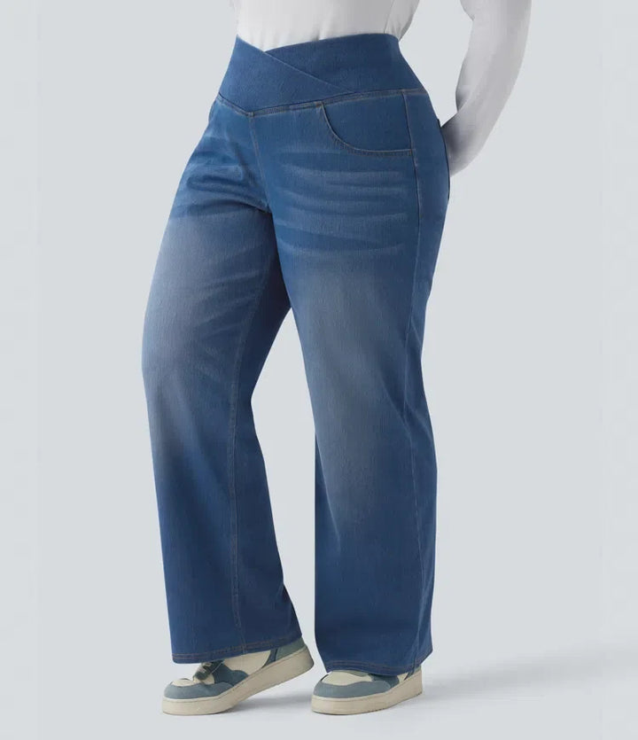 Lyckera Flex crossover högmidjad magkontroll vardaglig raka ben plusstorlek jeans med fickor