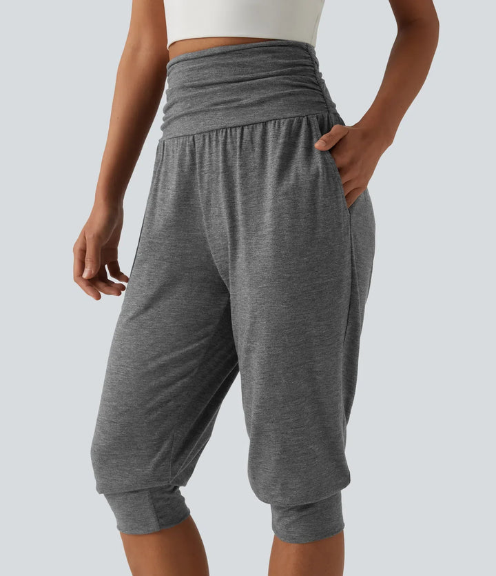 Med hög midja rynklad melerad yoga piratbyxor joggingbyxor med fickor