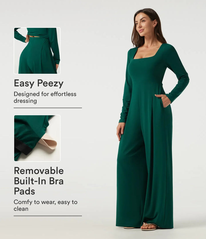 Fyrkantig halsringning långärmad inbyggd BH vida ben vardaglig jumpsuit med fickor-Easy Peezy Edition