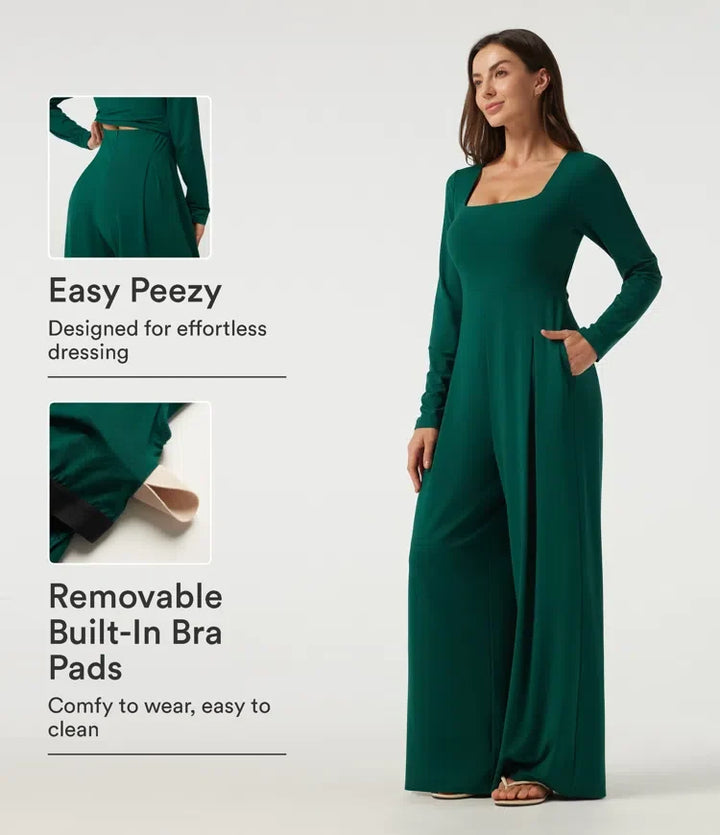 Fyrkantig halsringning långärmad inbyggd BH vida ben vardaglig jumpsuit med fickor-Easy Peezy Edition