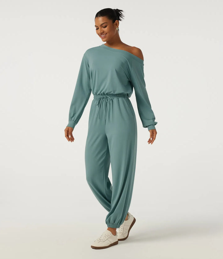 Enaxlad långärmad dragsko vardaglig jumpsuit med fickor - Easy Peezy Edition