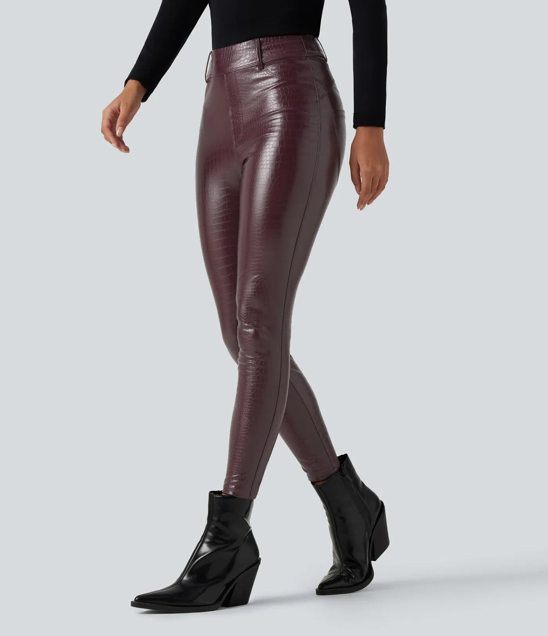 Med hög midja ormskinnsmönster tryck stretchig PU fleece vardagsleggings med fickor