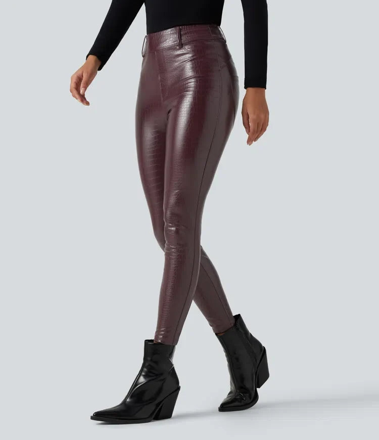 Med hög midja ormskinnsmönster tryck stretchig PU fleece vardagsleggings med fickor