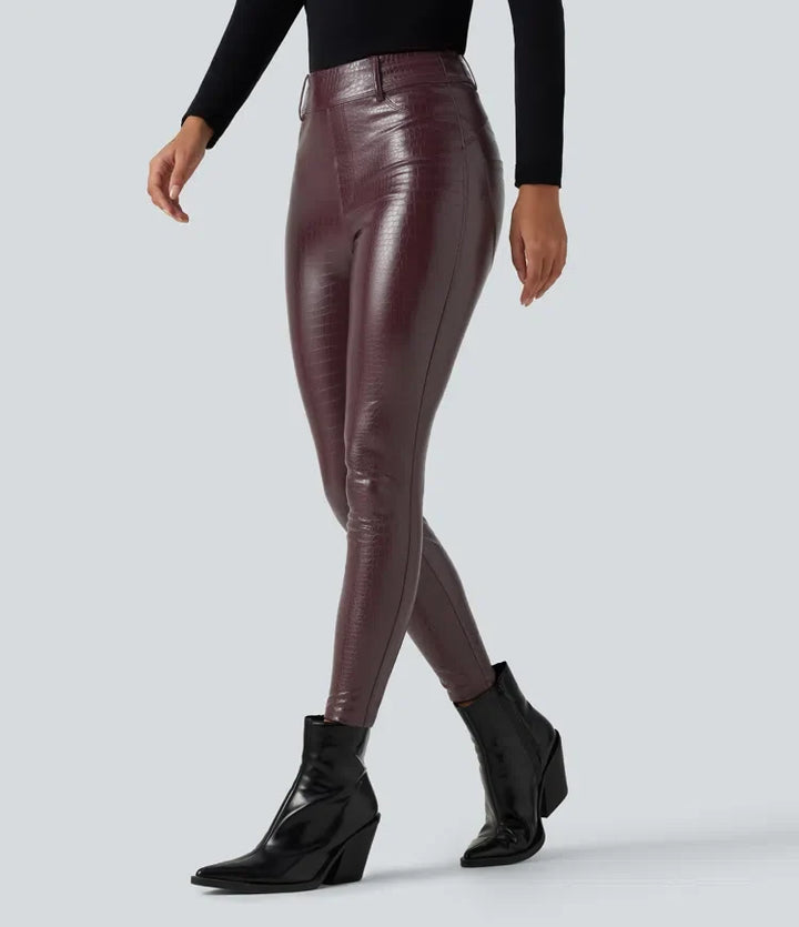 Med hög midja ormskinnsmönster tryck stretchig PU fleece vardagsleggings med fickor