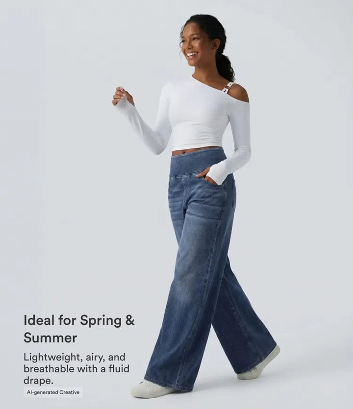 Halara Flex med medelhög midja draperad lyocell tvättad för vardag baggy vida ben jeans med fickor