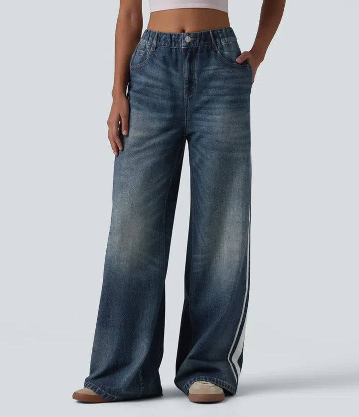 Medelhög midja denim mönster frotté randig vardaglig mjukisbyxor jeans med fickor