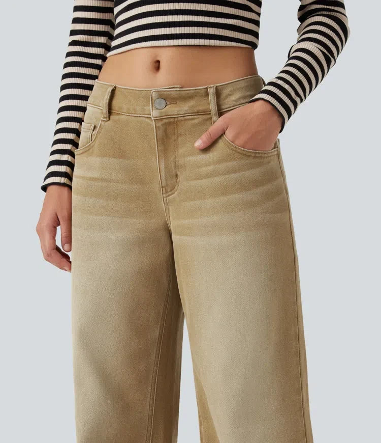 Med låg midja vida ben färgglad vardagsjeans med fickor