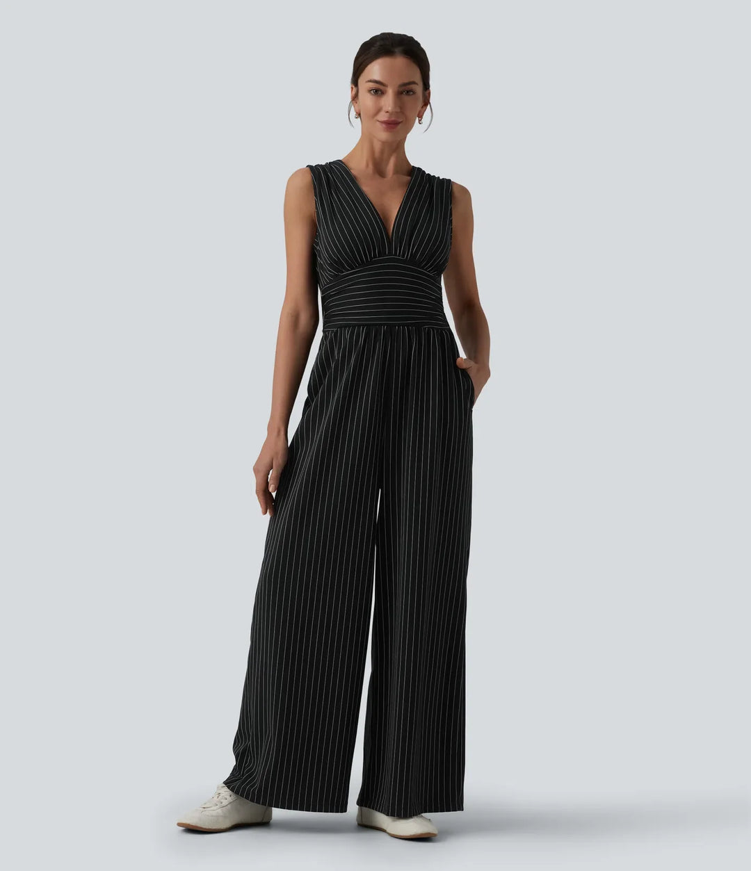 V-ringad ärmlös rynkat ränder arbetsjumpsuit med fickor-Easy Peezy