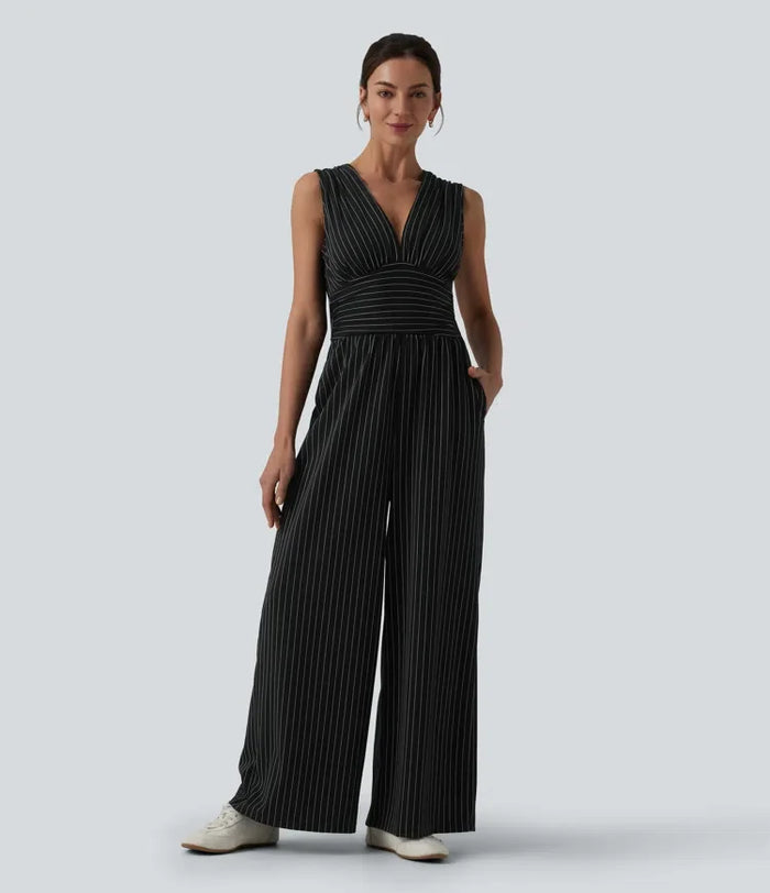 V-ringad ärmlös rynkat ränder arbetsjumpsuit med fickor-Easy Peezy