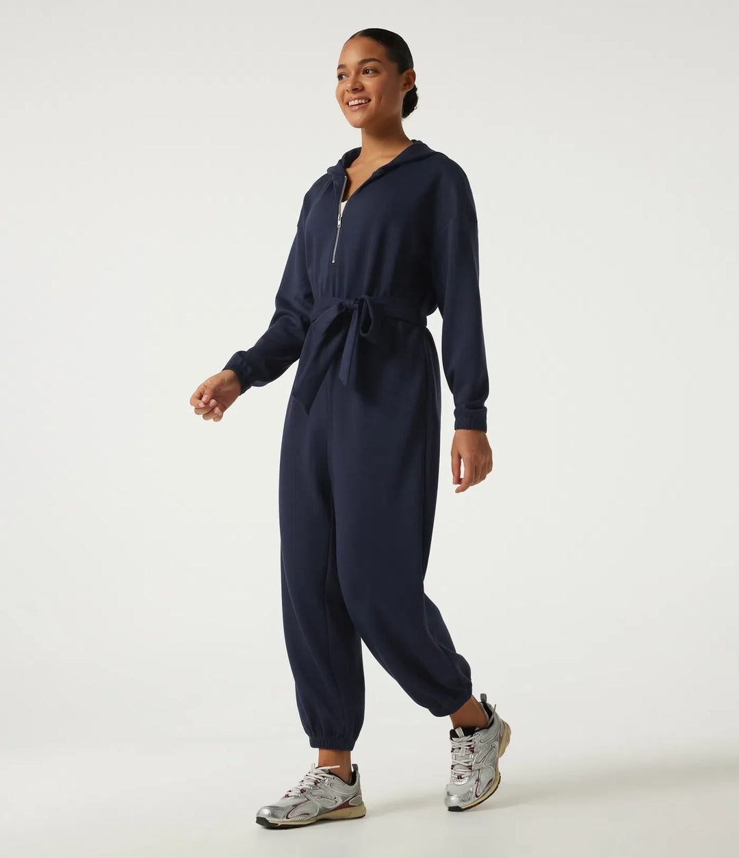 Med huva nedhasad långärmad halv dragkedja knytning fram vardaglig jogger jumpsuit med fickor-Easy Peezy Edition