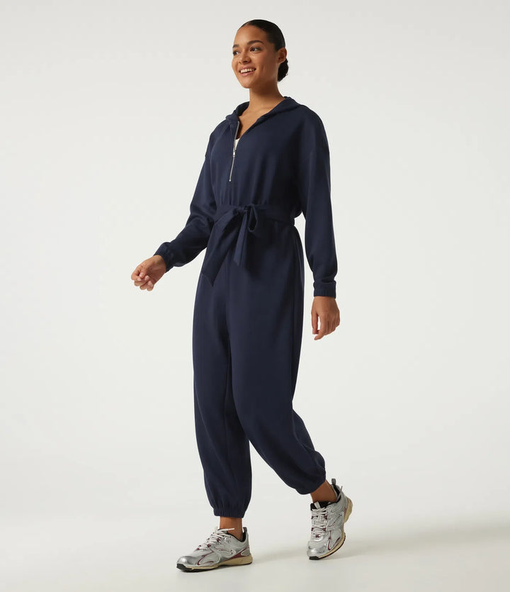Med huva nedhasad långärmad halv dragkedja knytning fram vardaglig jogger jumpsuit med fickor-Easy Peezy Edition