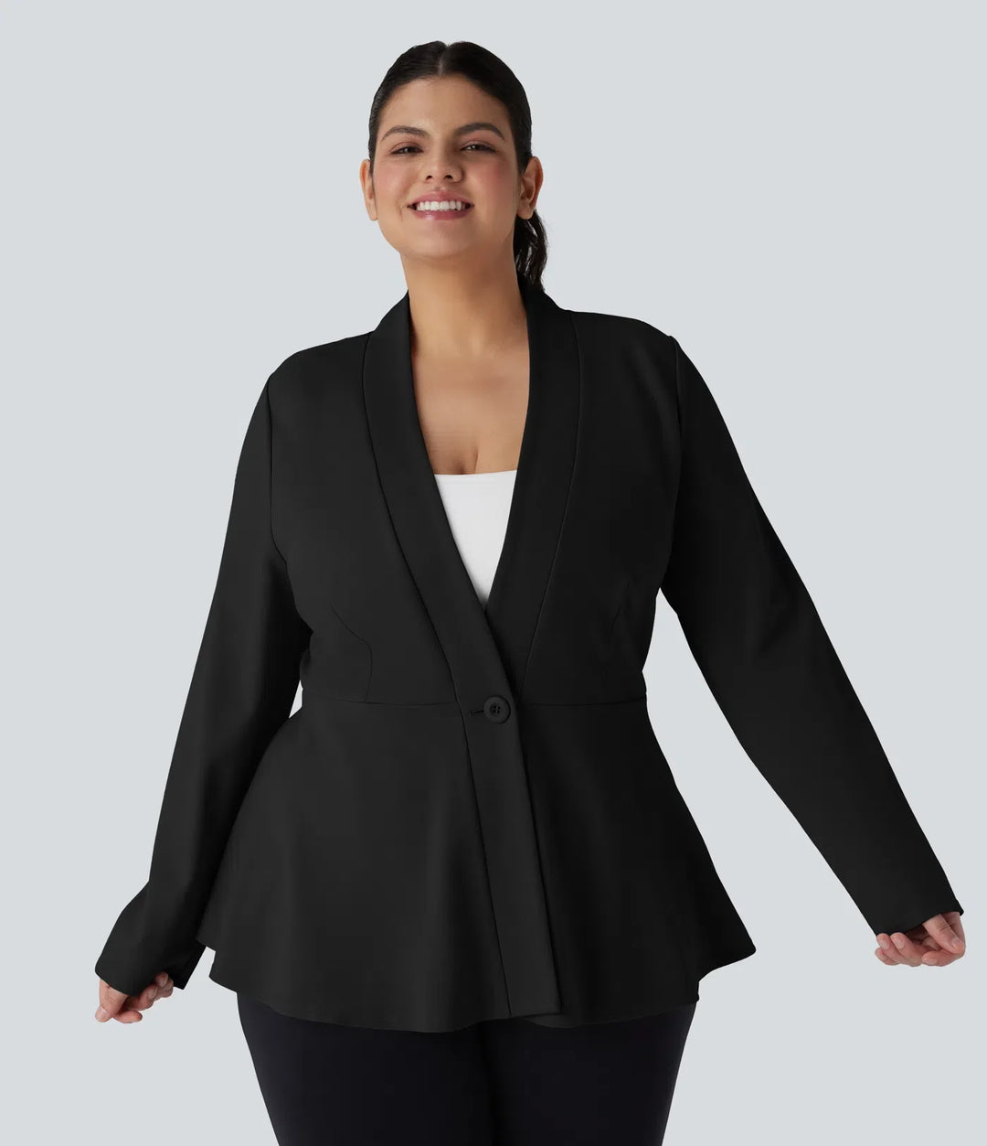 Plusstorlek V-ringad långärmad enkel front peplum-arbetsjacka