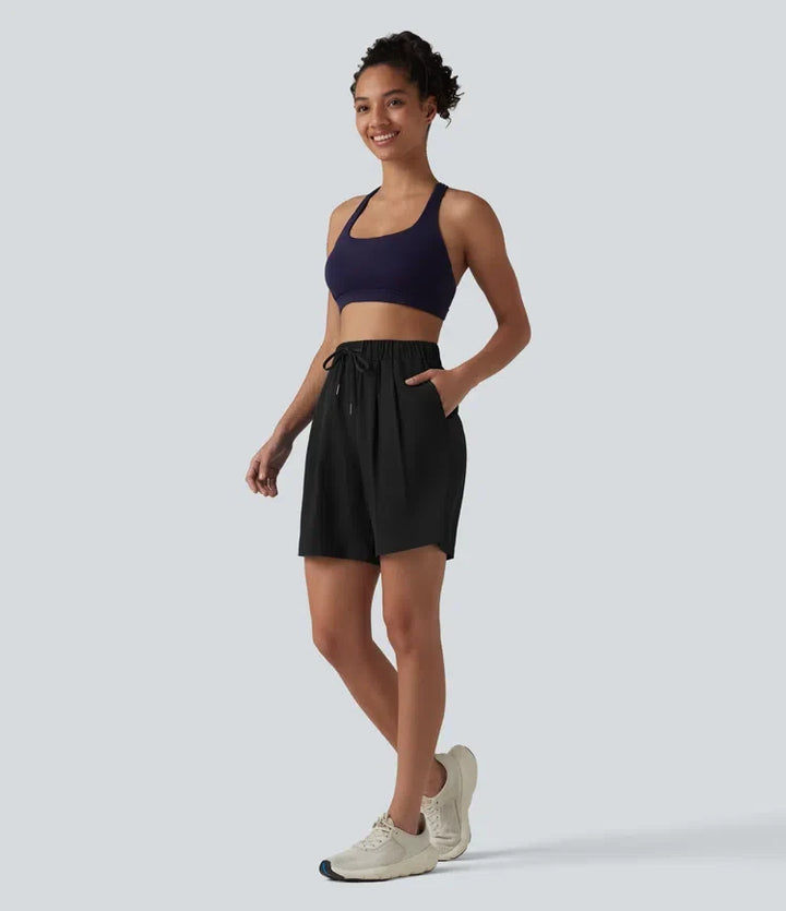 Med hög midja resårmidja dragsko plisserad yogashorts 7&