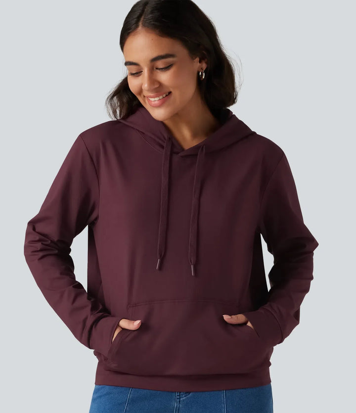 Med huva långärmad avkoppling sweatshirt med ficka
